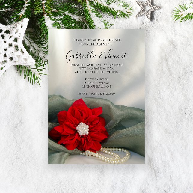 Poinsettia Pearls on Grönt Winter Förlovningsfest Inbjudningar (Celebrate your December winter engagement with the Poinsettia and Pearls Party Invitation.)