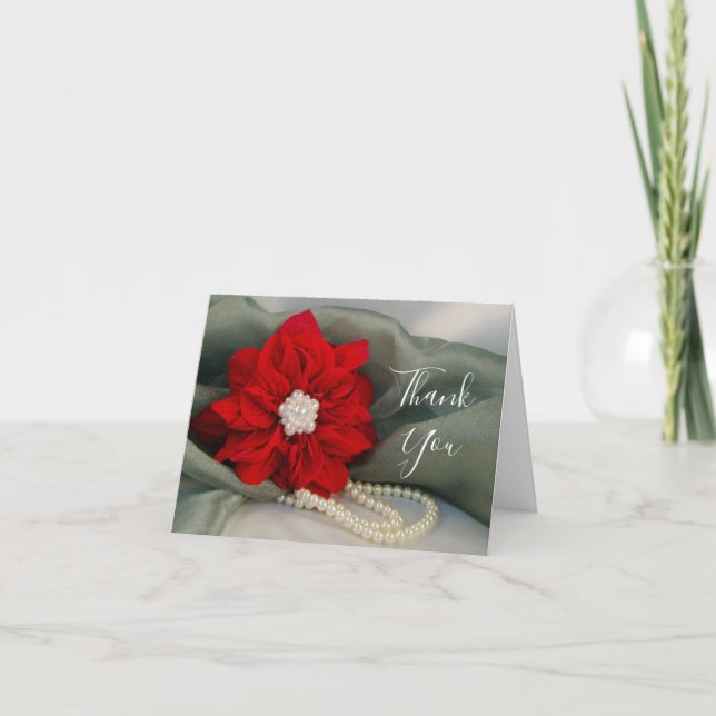 Poinsettia Pearls på Grönt Bridesmaid Tack Kort (Framsida)