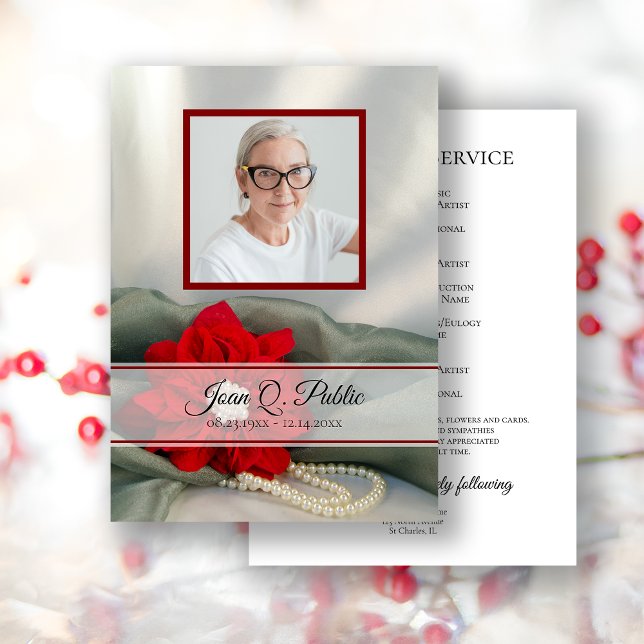 Poinsettia Pearls Winter Funeral Service Memorial Program (Skapare uppladdad)