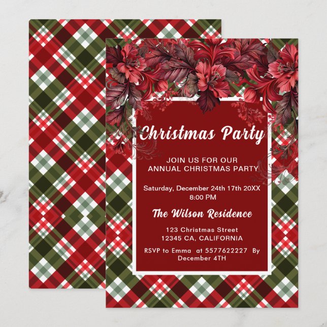 Poinsettia Play Tartan Kraft Rustic-jul Inbjudningar (Fram/baksida)
