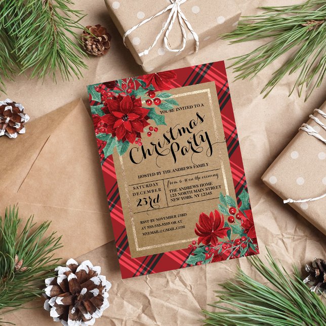 Poinsettia Play Tartan Kraft Rustic-jul Inbjudningar (Skapare uppladdad)
