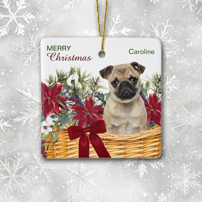 Poinsettia Pug Hund jul Basket Julgransprydnad Keramik (Skapare uppladdad)