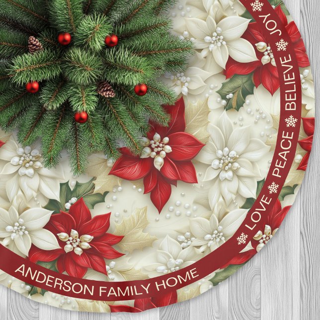 Poinsettia Red Beige Festive Ord jul Julgransmatta Borstad Polyester (Poinsettia Red Beige Festive Words Christmas Brushed Polyester Tree Skirt)
