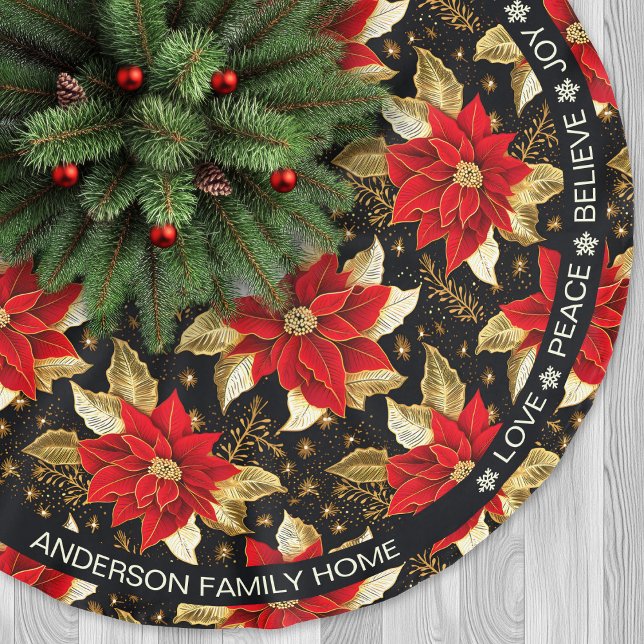 Poinsettia Red Flowers Positive Ord jul Julgransmatta Borstad Polyester (Poinsettia Red Flowers Positive Words Christmas Brushed Polyester Tree Skirt)