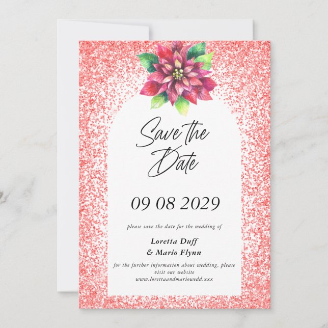 Poinsettia Red Glitter Save the date Invitation Inbjudningar (Framsida)
