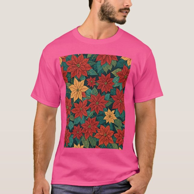 Poinsettia Retro Stil Abstrakt Art Komplementär T Shirt (Framsida)