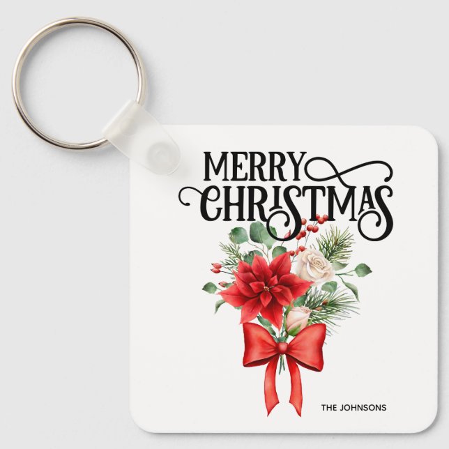 Poinsettia Ro Julblomman Bouquet Nyckelring (Framsida)