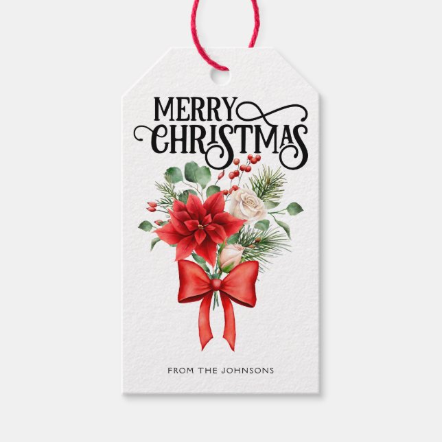 Poinsettia Ro Julblomman Bouquet Presentetikett (Framsidan)