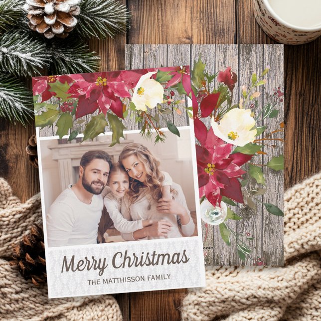 Poinsettia Rustik Trälace Jul Merry Christmas Julkort (Poinsettias and rustic wood Christmas photo greeting card)