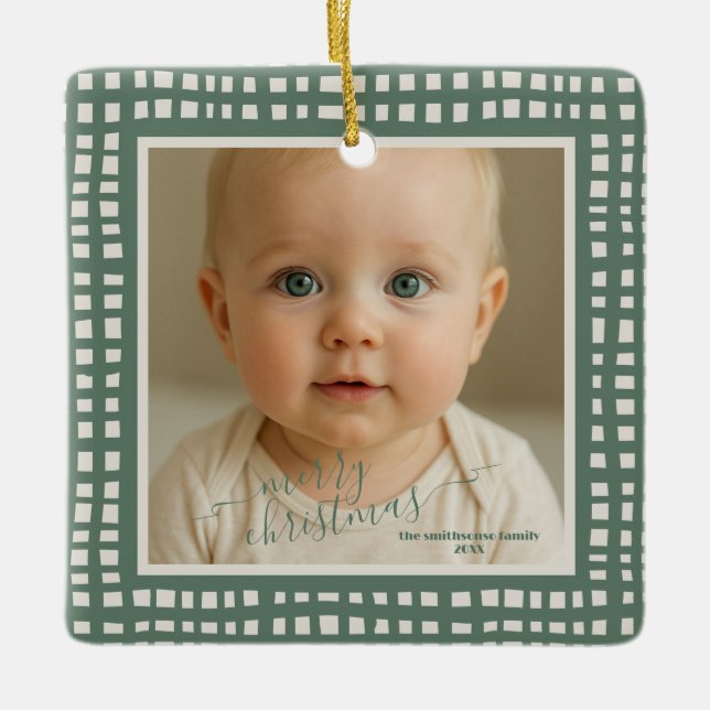 Poinsettia Sage Green Ivory Christmas two Photo Julgransprydnad Keramik (Framsida)