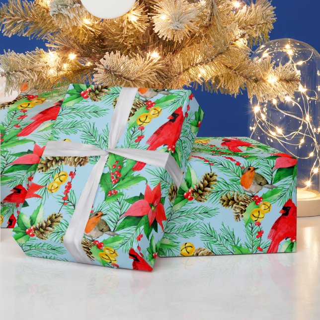 Poinsettia Spruce Grenar Cones Robin Cardinals Presentpapper (Helgdagar)