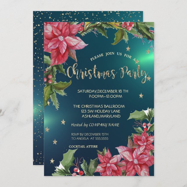 Poinsettia, Stjärnor Grön Firma Julfest Inbjudningar (Fram/baksida)