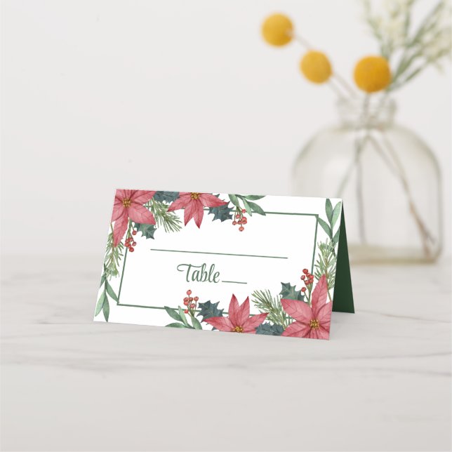 Poinsettia Tack Red Blommigt jul Bröllop Placeringskort (Framsida)