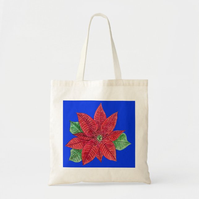 Poinsettia Tote Bag, blå bakgrund Tygkasse (Framsidan)