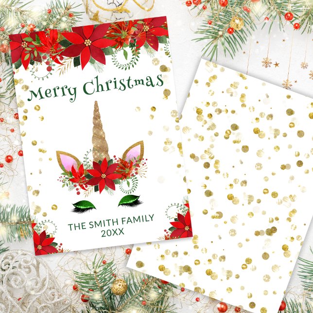 Poinsettia Unicorn med Grönt-julkort Inbjudningar (Skapare uppladdad)