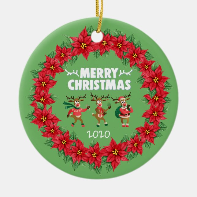 Poinsettia WandeDancing Reindeer God jul Julgransprydnad Keramik (Framsidan)