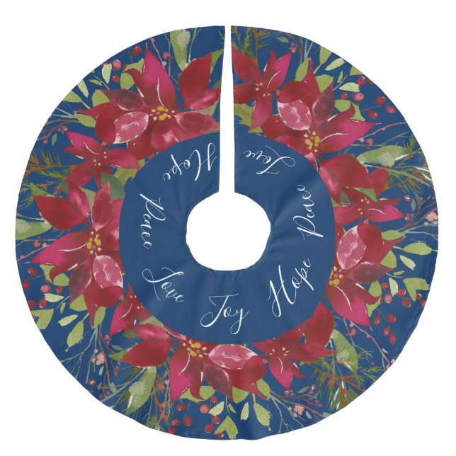 Poinsettia Watercolor Blommigt Navy Blue Julgransmatta Borstad Polyester (Framsidan)