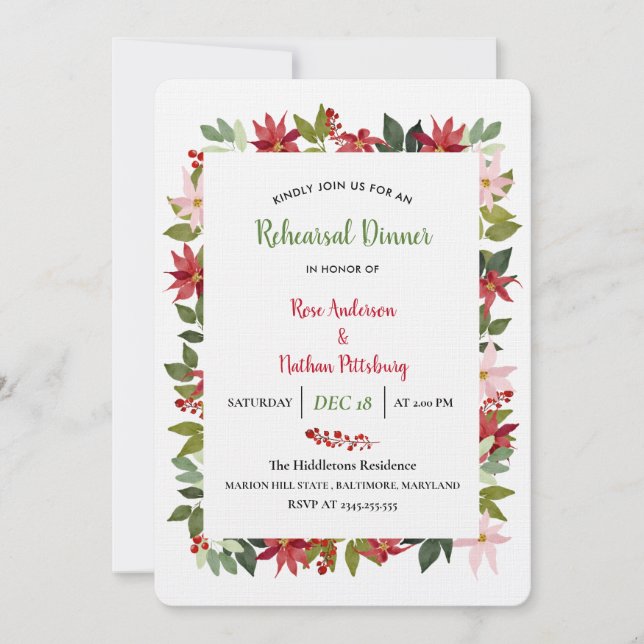 Poinsettia Watercolor jul Rehearsal Middag Inbjudningar (Framsida)