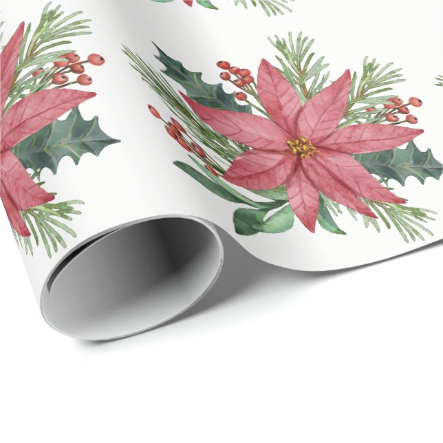 Poinsettia Watercolor Winter Red Blommigt jul Presentpapper (Rullad Hörn)