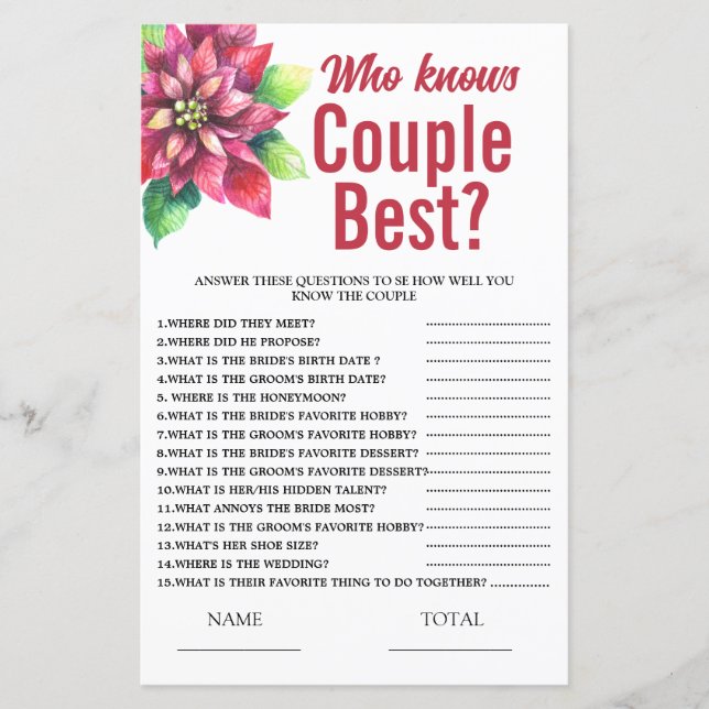 Poinsettia Who knows Couple  Bridal Shower Game (Framsida)