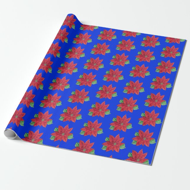 Poinsettia Wrapping Papper - blå bakgrund Presentpapper (Utrullad)