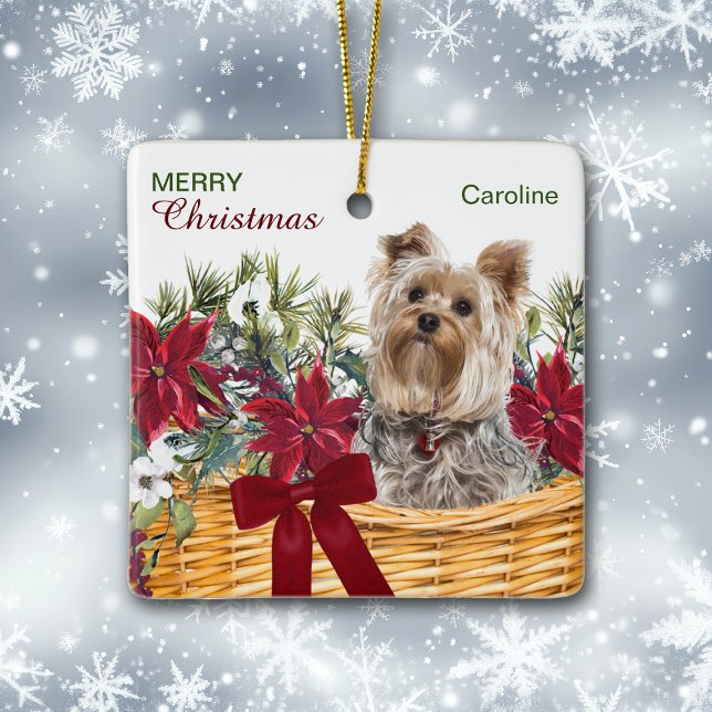 Poinsettia Yorkie Terrier-jul Basket Julgransprydnad Keramik (Skapare uppladdad)
