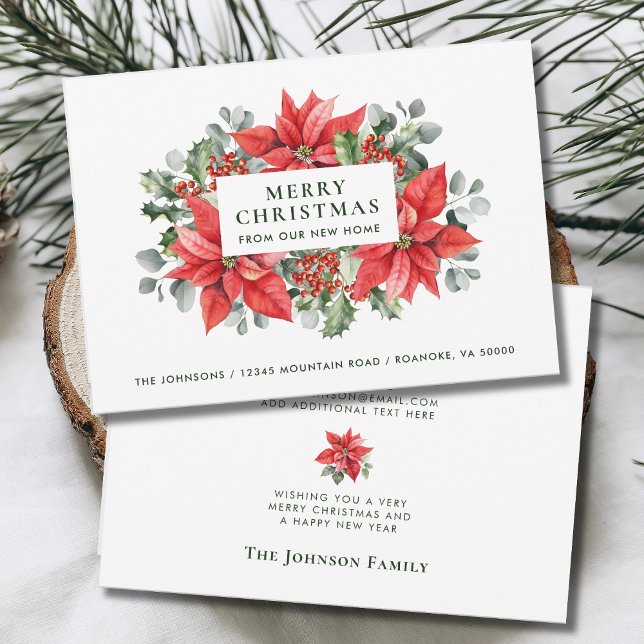 Poinsettias God jul från New Home Meddelande (Red Poinsettias Merry Christmas from Our New Home Holiday Moving Announcement with Envelope)