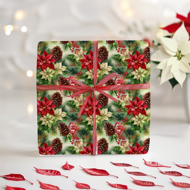 Poinsettias Gräs och Pinecones jul Helgdag Presentpapper (Elegant Nostalgic Watercolor Poinsettias, Pine and Pinecones Christmas Holiday Wrapping Paper)
