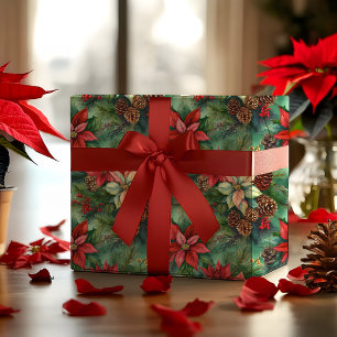 Poinsettias Gräs och Pinecones jul Helgdag Presentpapper