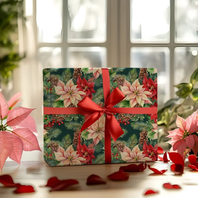 Poinsettias Gräs och Pinecones jul Helgdag Presentpapper (Elegant Nostalgic Watercolor Poinsettias, Pine and Pinecones Christmas Holiday Wrapping Paper)