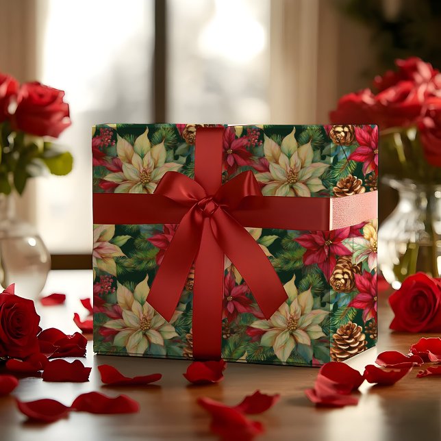 Poinsettias Gräs och Pinecones jul Helgdag Presentpapper (Elegant Nostalgic Watercolor Poinsettias, Pine and Pinecones Christmas Holiday Wrapping Paper)