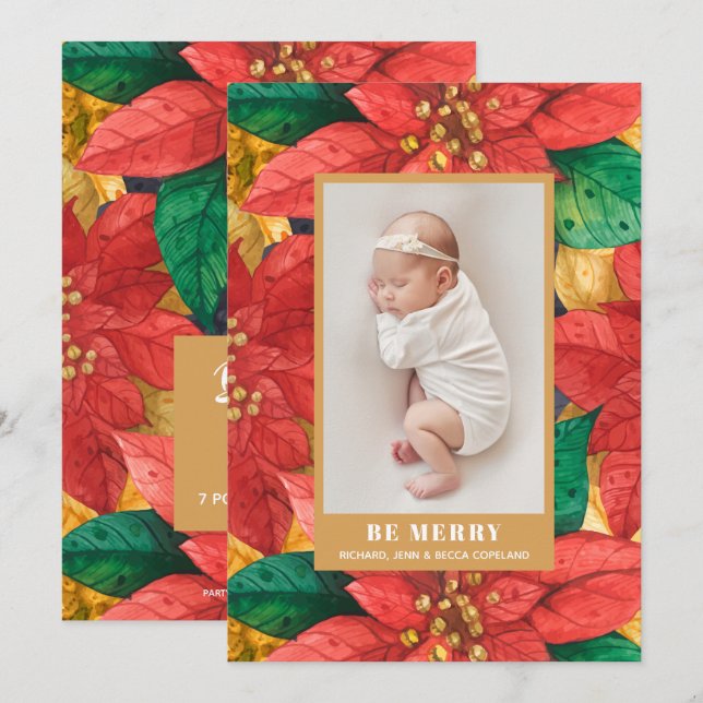 Poinsettias Helgdag Photo Tillkännagivande för föd Julkort (Fram/baksida)