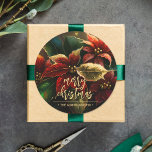 Poinsettias-Helgdag Runt Klistermärke<br><div class="desc">En elegant med julrött och guld poinsettias och löv finns på personligen med rundklistermärken med ditt namn och God jul med chic. MATCHING-objekt i vår samling.</div>