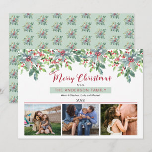 Poinsettias Holly Greenery God jul 3 Photo Julkort