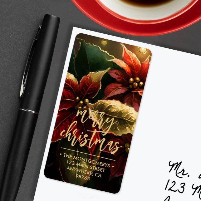 Poinsettias Merry Christmas Return Address Adressetikett (Red and gold poinsettias Merry Christmas large vertical return address labels)