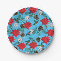 Poinsettias och Silver Klockor i Blå Pappra Tallri