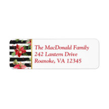 Poinsettias on Black, White Rand Address Label