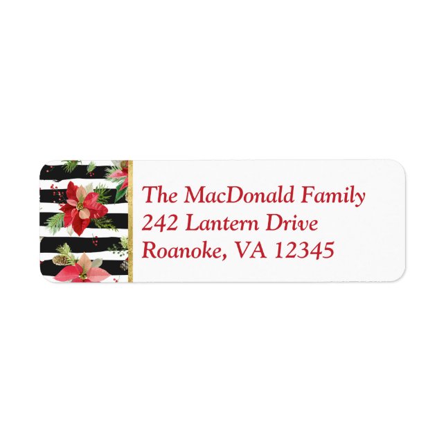 Poinsettias on Black, White Rand Address Label Returadress Etikett (Framsidan)