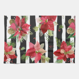 Poinsettias on Black, White Rand Kitchen Towel Kökshandduk