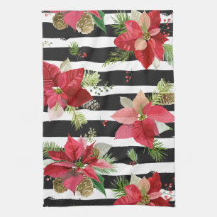 Poinsettias on Black, White Rand Kitchen Towel Kökshandduk