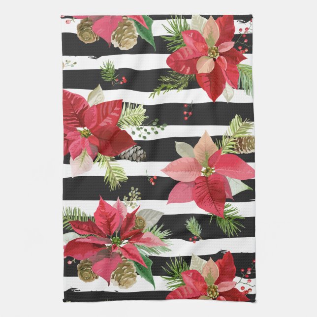 Poinsettias on Black, White Rand Kitchen Towel Kökshandduk (Vertikal)