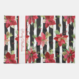 Poinsettias on Black, White Rand Kitchen Towel Kökshandduk