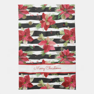 Poinsettias on Black, White Rand Kitchen Towel Kökshandduk