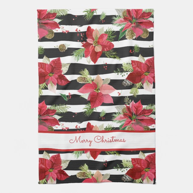 Poinsettias on Black, White Rand Kitchen Towel Kökshandduk (Vertikal)
