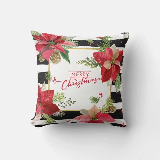 Poinsettias on Black, White Rand Pillow 3 Kudde (Framsida)