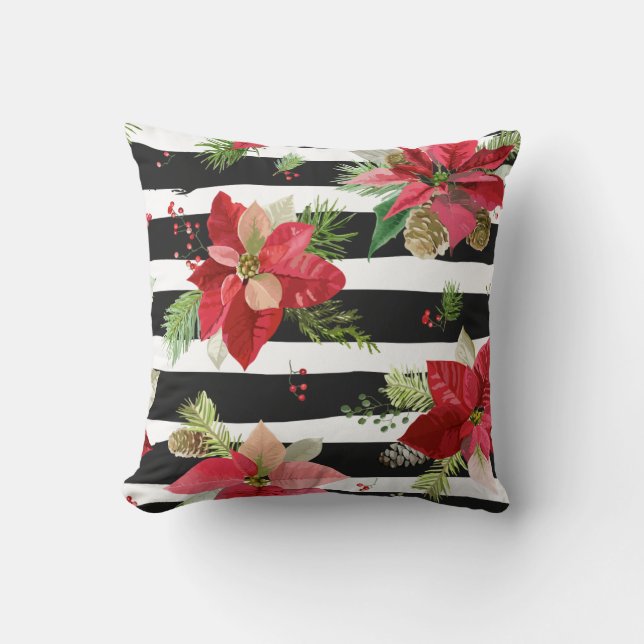 Poinsettias on Black, White Rand Pillow Kudde (Framsida)