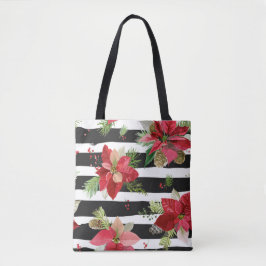 Poinsettias on Black, White Rand Tote Bag Tygkasse