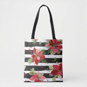 Poinsettias on Black, White Rand Tote Bag Tygkasse