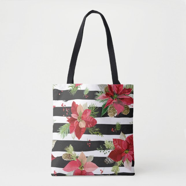 Poinsettias on Black, White Rand Tote Bag Tygkasse (Framsida)
