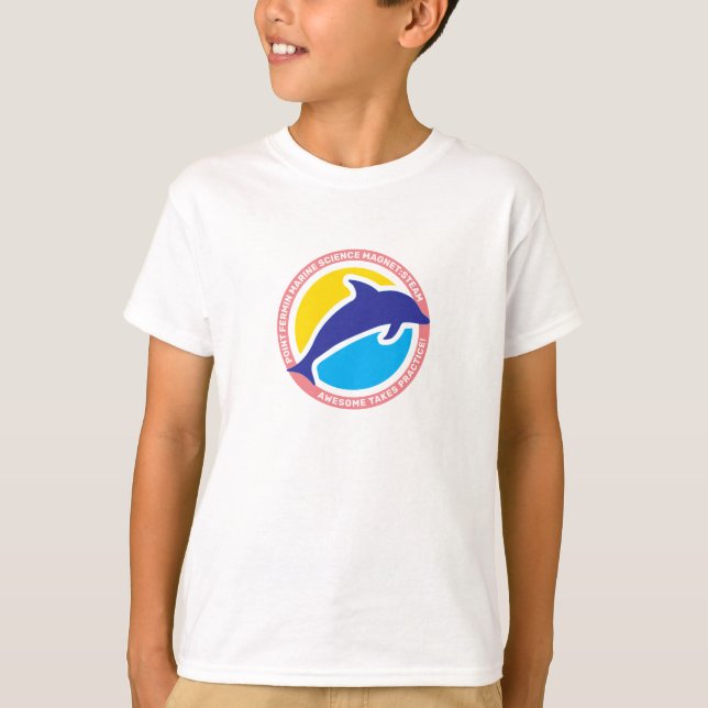 Point Fermin Elementär School Motto Dolphin Färg T Shirt (Framsida)